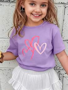 Young Girl Heart Print Short Sleeve T-Shirt, Casual - Purple - View 1