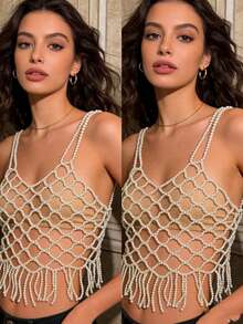 DEKUNER 波西米亚风珍珠网纱身体饰品 - 法式优雅珍珠上衣，适合派对、婚礼和日常穿着 - 白色 - 查看 7