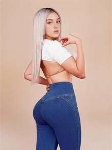 高腰浅蓝色紧身牛仔裤，凸显曲线的铅笔裤，适合春夏度假和外出穿着，女士牛仔裤 - 藍色 - 查看 3