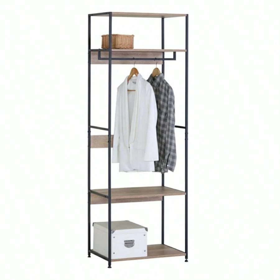 Miroytengo Vestidor, Armario Abierto Dormitorio Lofi Estilo Moderno 3 estantes barra colgadora Color  Roble Cambrian y Negro 60x175x40 cm De 2 a 3 días de envio - Multicolor - Ver 1