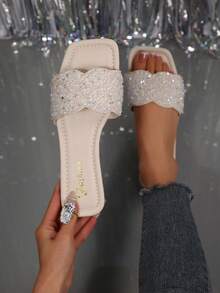 2026 New French Style Crystal Embellished Square Toe Flat Slide Sandals, Elegant Slip-On Suitable For Dresses, Spring/Summer/Autumn - Beige - View 1