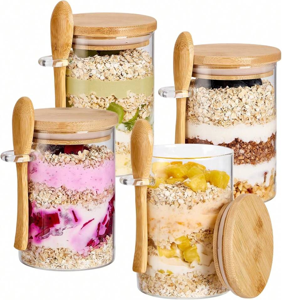 Overnight Oats Containers With Lids,4 Pack 18oz Overnight Oats Jars With Spoons,Salad Meal Prep Jar With Bamboo Lids For Chia Seed Pudding Salad Cereal Coffee Flour,Sourdough Starter Jar For Bread. - 查看 1