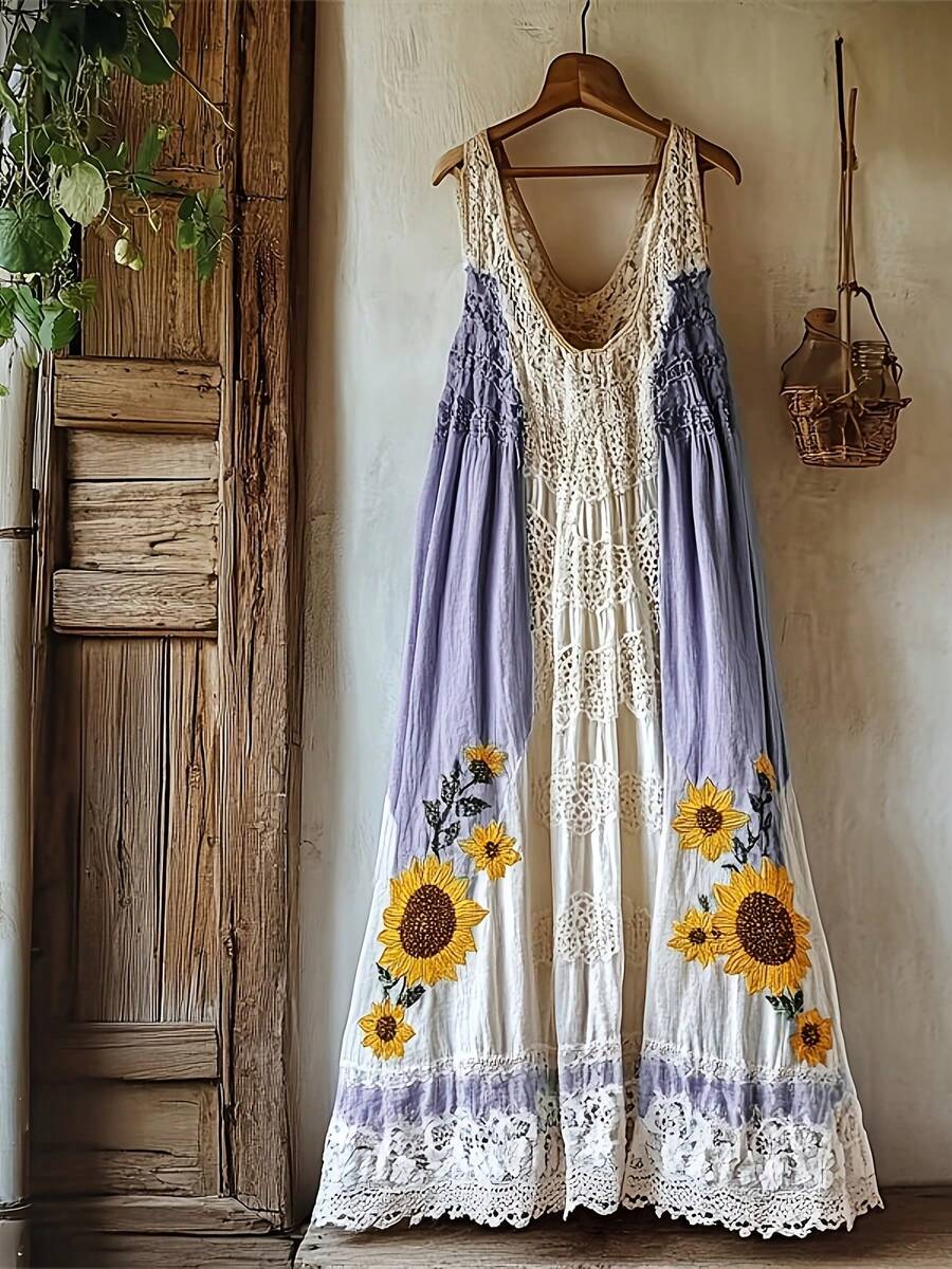 Women's Plus Size Boho Maxi Dress, Sleeveless V Neck Embroidered Patchwork Casual Dress (Multiple Patterns Available) - Váy số 5 - Xem 1