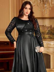 MISSMAY Plus Sequin Floral Lace Contrast Satin Pleated Hem Formal Evening Party Long Dress - màu đen - Xem 9