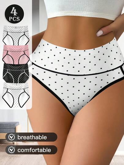 QUASTI 4pcs Women's Mid-Waist Seamless Panties, Mesh Dot Design, Comfortable Fit, Breathable, Great Gift Choice