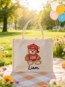 Customized Embroidered Tote Bag With Teddy Bear And Name, Cute Valentine's Day Style Gift Bag, Suitable As A Gift For Her Or Children - Multicolor - View 9