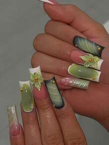 Bộ 24 miếng dán móng tay 3D họa tiết hoa, kèm 1 lọ keo gel và 1 dũa móng, kiểu dáng vuông, đính hạt kim loại nhỏ, phù hợp với móng tay cỡ trung bình, dễ dán, thích hợp sử dụng hàng ngày, dự tiệc, đi làm và các dịp khác. - màu xanh lá - Xem 7
