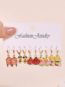 10pcs/30pcs Spring/Summer New Metal Drip Oil Cute Bee, Flower, Ladybug, Honeycomb Earring Set - Multicolor - View 5