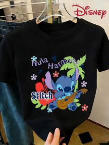 Disney Official Stitch "Hula Harmony" Ukulele Tropical Print Women's Cropped Loose Crew Neck T-Shirt Sweet & Cool Versatile Top - 黑色 - 查看 1