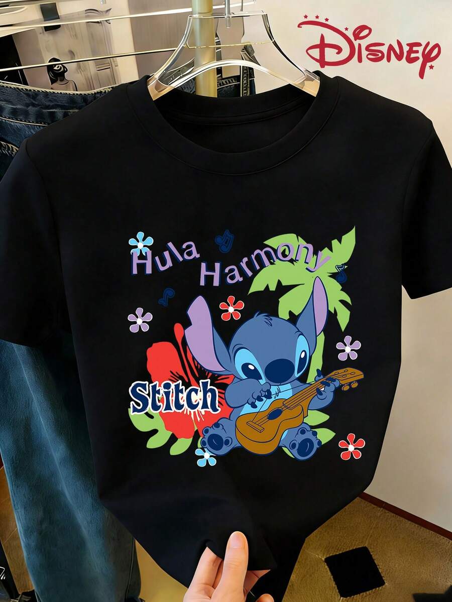 Disney Official Stitch "Hula Harmony" Ukulele Tropical Print Women's Cropped Loose Crew Neck T-Shirt Sweet & Cool Versatile Top - 黑色 - 查看 1