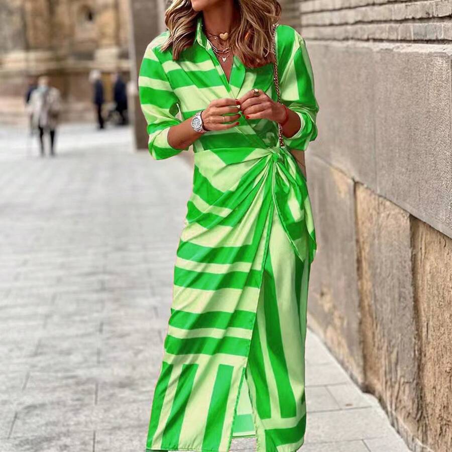 2026 European And American Women's Fashion New Product: Stylish Printed Shirt-Collar Tie-Waist Mid-Length Striped Dress - 14# - 查看 1