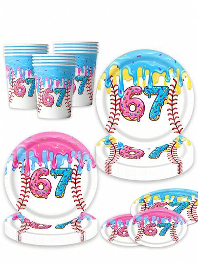 10pcs Ice Cream Drip Baseball Party Decorations, 6-7 Inch Baseball Party Supplies One-Time Plates Napkins Cups Set, Suitable For Team Gifts, Sports Birthday Baby Shower Decorations, Serves 10 People