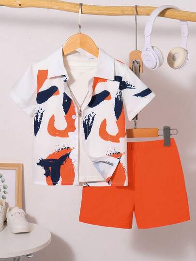 2pcs/Set Young Boys' Casual Gift Street Style Comfortable Fashion Outdoor Minimalist Vacation Cute Orange & Black Graffiti Digital Print Random Print Polo Collar Short Sleeve Shirt Top And Orange Shorts Set, Suitable For Summer