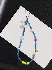 可爱多元素串珠1件装可爱花朵珍珠挂绳吊坠塑料腕带钥匙扣手机壳挂绳CCD相机珠子吊坠女士饰品1件装春季生日礼物 - 藍色 - 查看 3