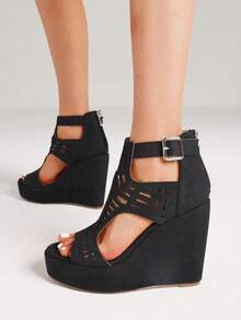 Wedges High Heels Sandals For Women Fashion Hollow Out Design Peep Toe Platform Back Zipper Bohemian Sandals Woman - màu đen - Xem 10