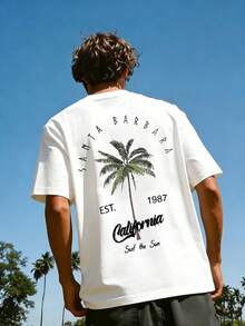 2025 Summer New Arrival Men Coconut Tree Letter Print Short Sleeve Round Neck T-Shirt, Casual Holiday Wear - White - View 4