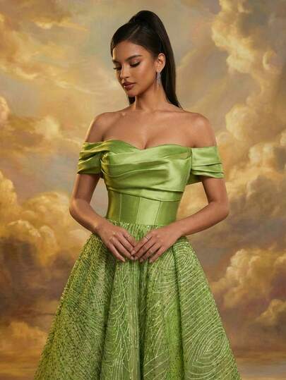 Smilprince Women's Long Party Dress, Sleeveless Off-Shoulder Ruched Design Flare Skirt