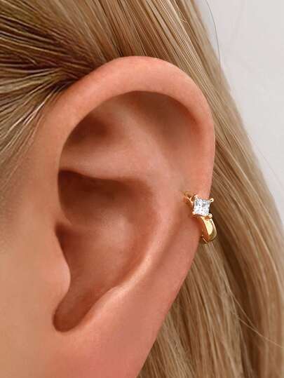 IN Z 1PC Sterling Silver Diamond-Cut Square Zirconia Hoop Earrings | Hypoallergenic Huggie Earrings For Women Girls Men | Fine Jewelry For Party Birthday Gift | Sold As A Single Piece (Not As A Pair)