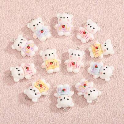 12 Random White Strawberry Bear Resin Pendants, Perfect For Earrings, Necklaces, And Other Crafts, Ideal For Accessory Decoration
