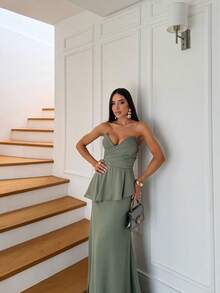 Luxury Strapless Dress In Structured Crepe - Perfect For Bridesmaids And Gala Events - 橄欖綠 - 查看 1