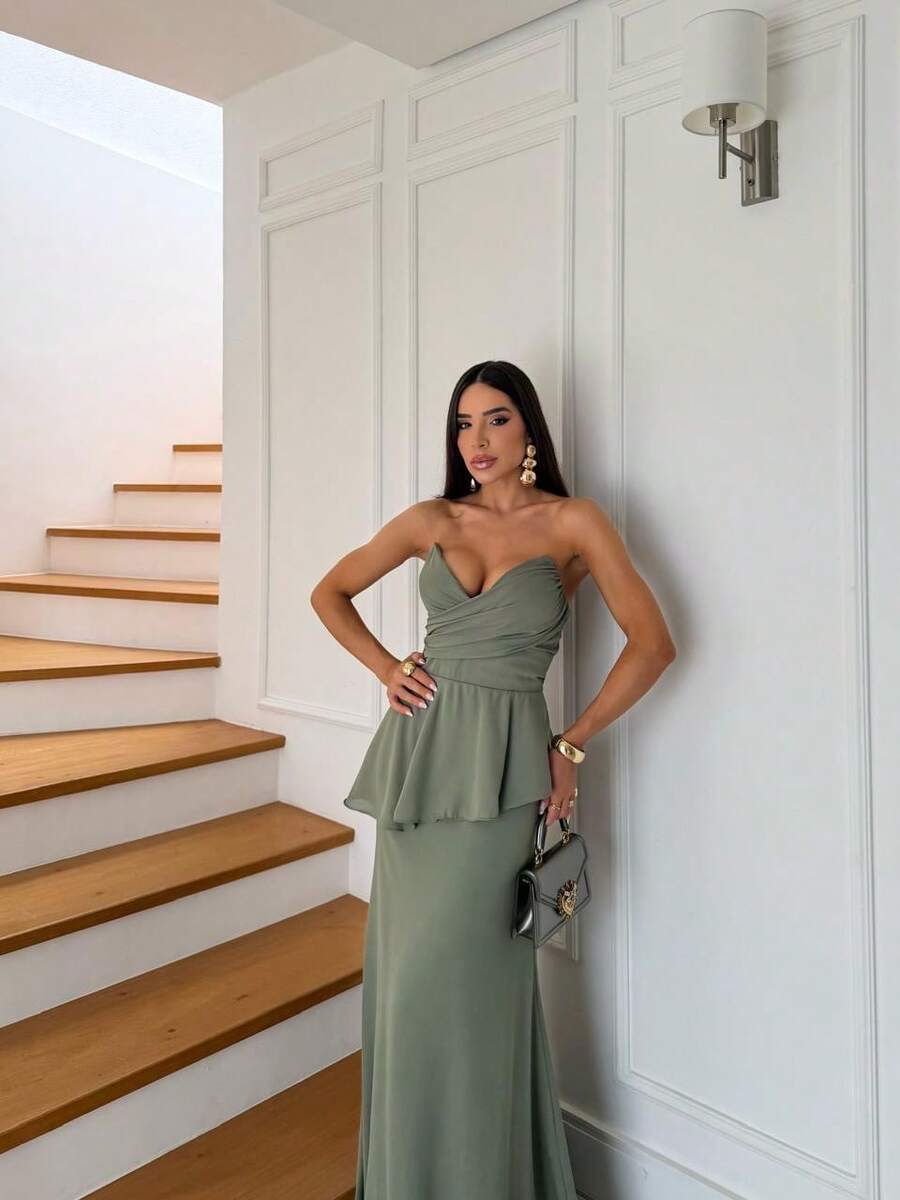 Luxury Strapless Dress In Structured Crepe - Perfect For Bridesmaids And Gala Events - 橄欖綠 - 查看 1