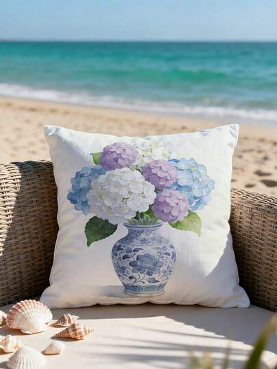 1pc Watercolor Hydrangea Chinoiserie Vase Decorative Pillow Cover, Fresh Floral Print Sofa Cushion Cover, Elegant Home Decor For Living Room & Bedroom, Single-Sided Print Design, Pillow Insert Not Included