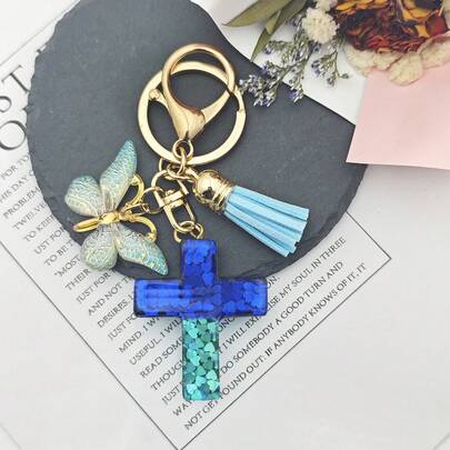 1pc Tassel Butterfly Dried Flower Cross Keychain, Vintage European And American Style Keyring For Women