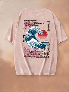 夏季新款休闲圆领扎染短袖T恤，饰以日式波浪和樱花印花，时尚百搭女式上衣，粉色 - 粉色 - 查看 4