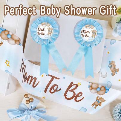 婴儿派对用品，准妈妈绶带和准爸爸丝带徽章，可爱泰迪熊和气球印花缎带绶带，性别揭晓派对装饰，准父母拍照道具，完美的婴儿派对礼物