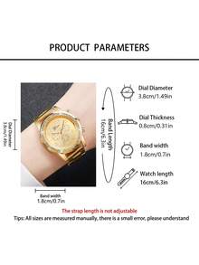 六件套奢华女士石英表套装，包括金属表带石英表、心形钻石手链、方形钻石吊坠项链、全钻耳环和全钻戒指。设计风格尽显金色奢华，大量钻石点缀，展现优雅高端的气质。 - 金色 - 查看 3