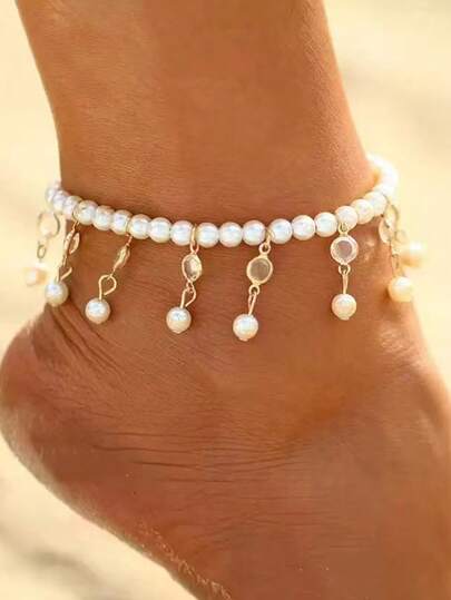 1件简约百搭水钻吊坠珍珠脚链，精美礼物，适合女性海滩度假