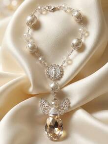 Gothic, Y2K, Layered Elegant Faux Pearl Silver Exquisite Sparkling Ins Fashion Women Beaded Bracelet Chain, Minimalist Chic Cross Prayer Bracelet, - White - View 5