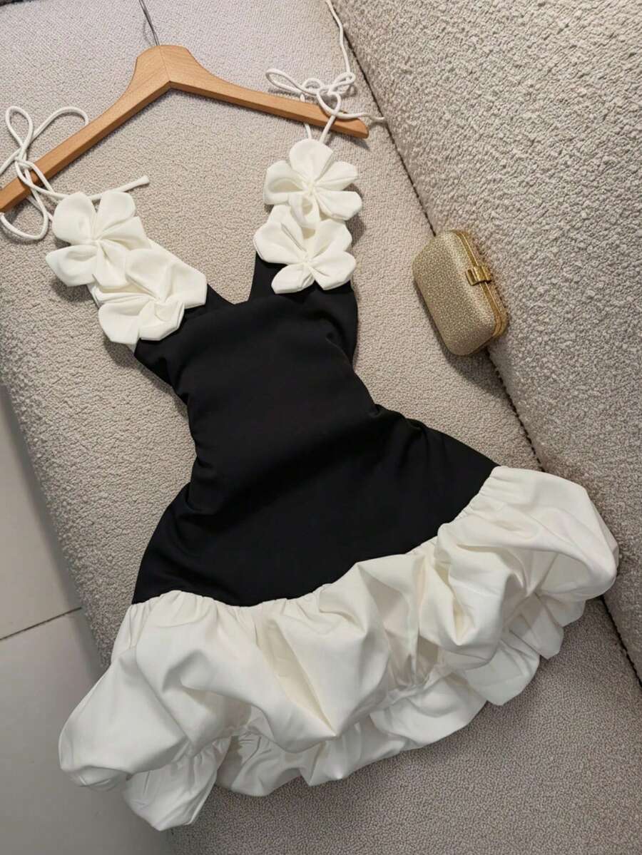 情人节派对礼服、荷叶边连衣裙、性感荷叶边连衣裙、手工碎花吊带连衣裙、伴娘礼服、优雅度假连衣裙 - 黑與白 - 查看 1