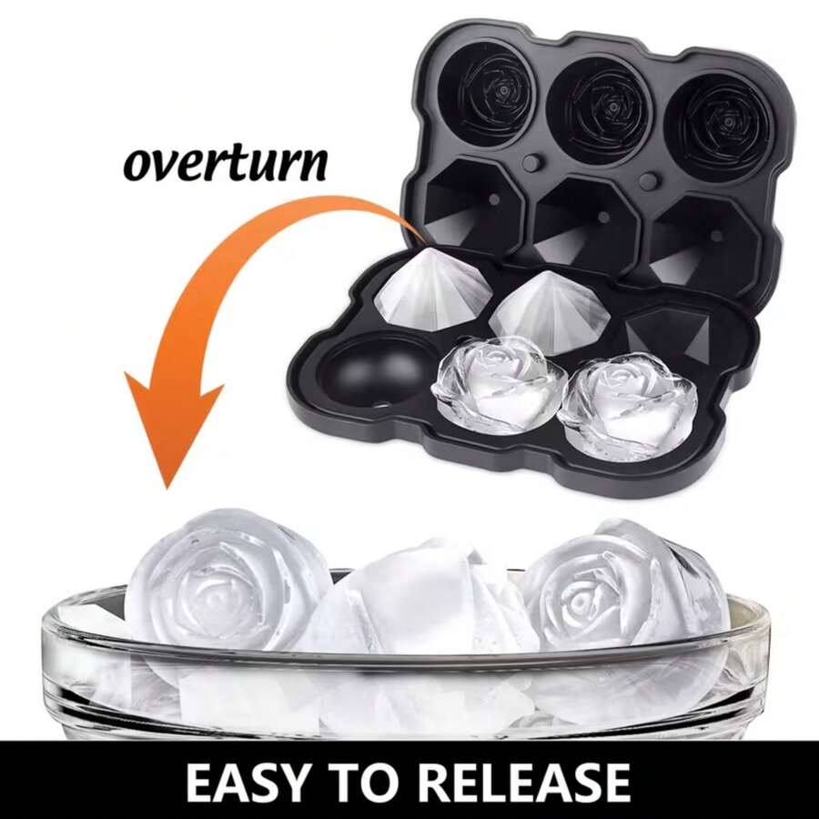 6-Compartment Ice Mold Tray – Silicone Ice Maker With Roses, Diamonds, And Round Ice Balls, Leak-Proof And Stackable Ice Plate, Suitable For Use In Refrigerators, Cold Storage For Beverages, And Other Applications.