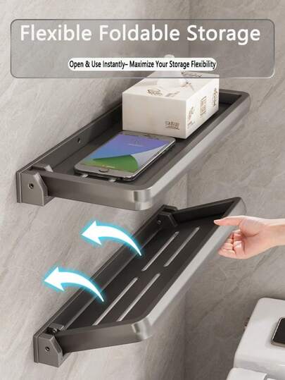 1pc 30/40/50cm Aluminum Alloy Foldable Rack, Convenient Open/Close For Storage, Hollow Bottom For Drainage. Suitable For Bathroom, Vanity, Kitchen, Living Room. Bathroom Accessory, Shower Storage, Bathroom Organization, Storage Organizer, Perfume Rack, Perfume Storage, Cosmetic Storage