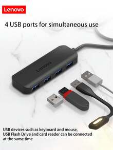Bộ chia USB Lenovo Hub tích hợp chip chất lượng cao, trọng lượng nhẹ và dễ mang theo, được làm từ chất liệu ABS, có bề mặt đen mờ bóng và kiểu dáng thời trang. Nó hỗ trợ sử dụng đồng thời 4 thiết bị USB, dễ dàng kết nối ổ đĩa USB, ổ cứng, chuột, bàn phím và các thiết bị khác. Tương thích với nhiều hệ thống và hoạt động theo kiểu cắm là chạy. - Xem 4
