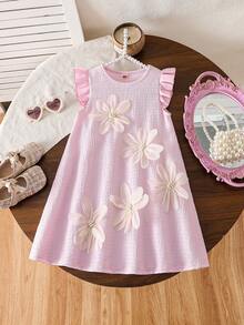 Young Girl' Fashion Casual Pleated Sleeve Pearl Flower Dress - Baby Pink - View 1