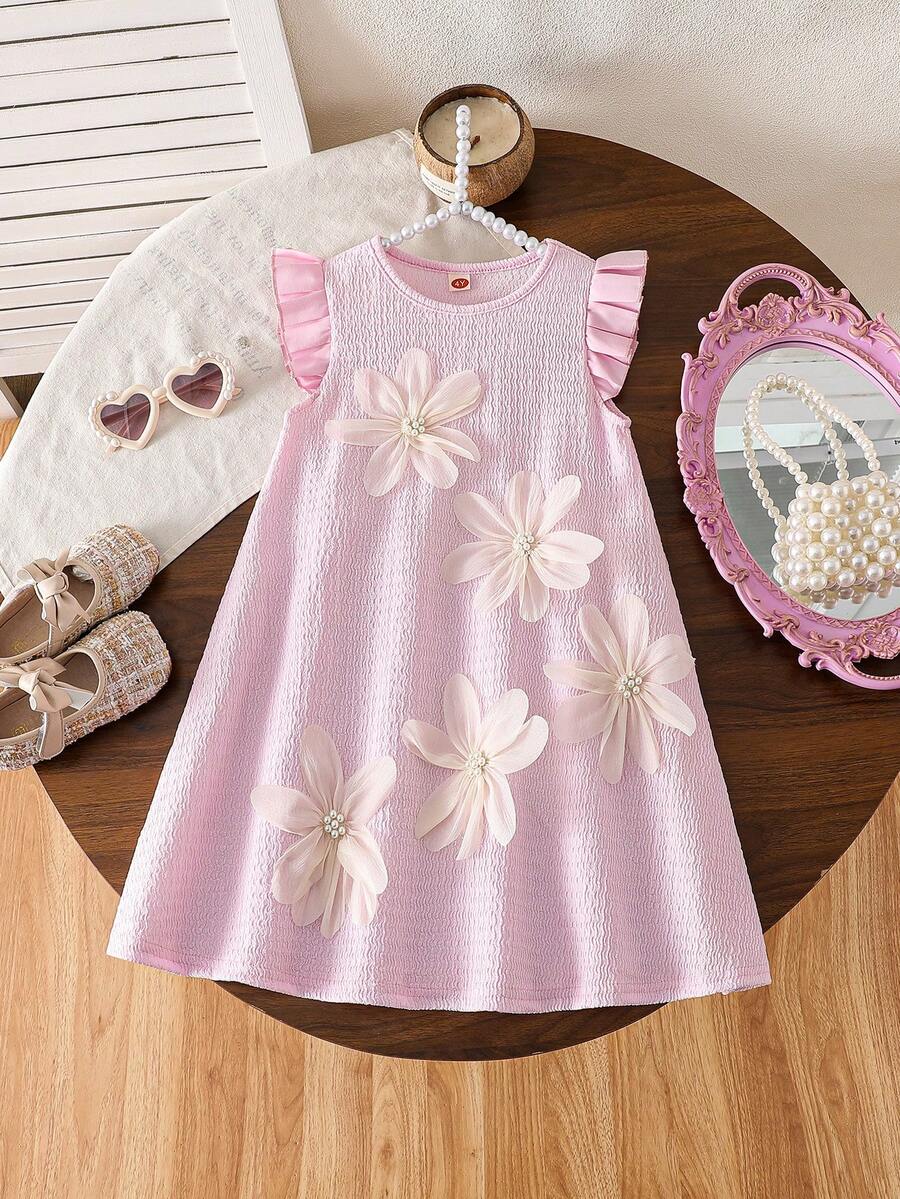 Young Girl' Fashion Casual Pleated Sleeve Pearl Flower Dress - Baby Pink - View 1