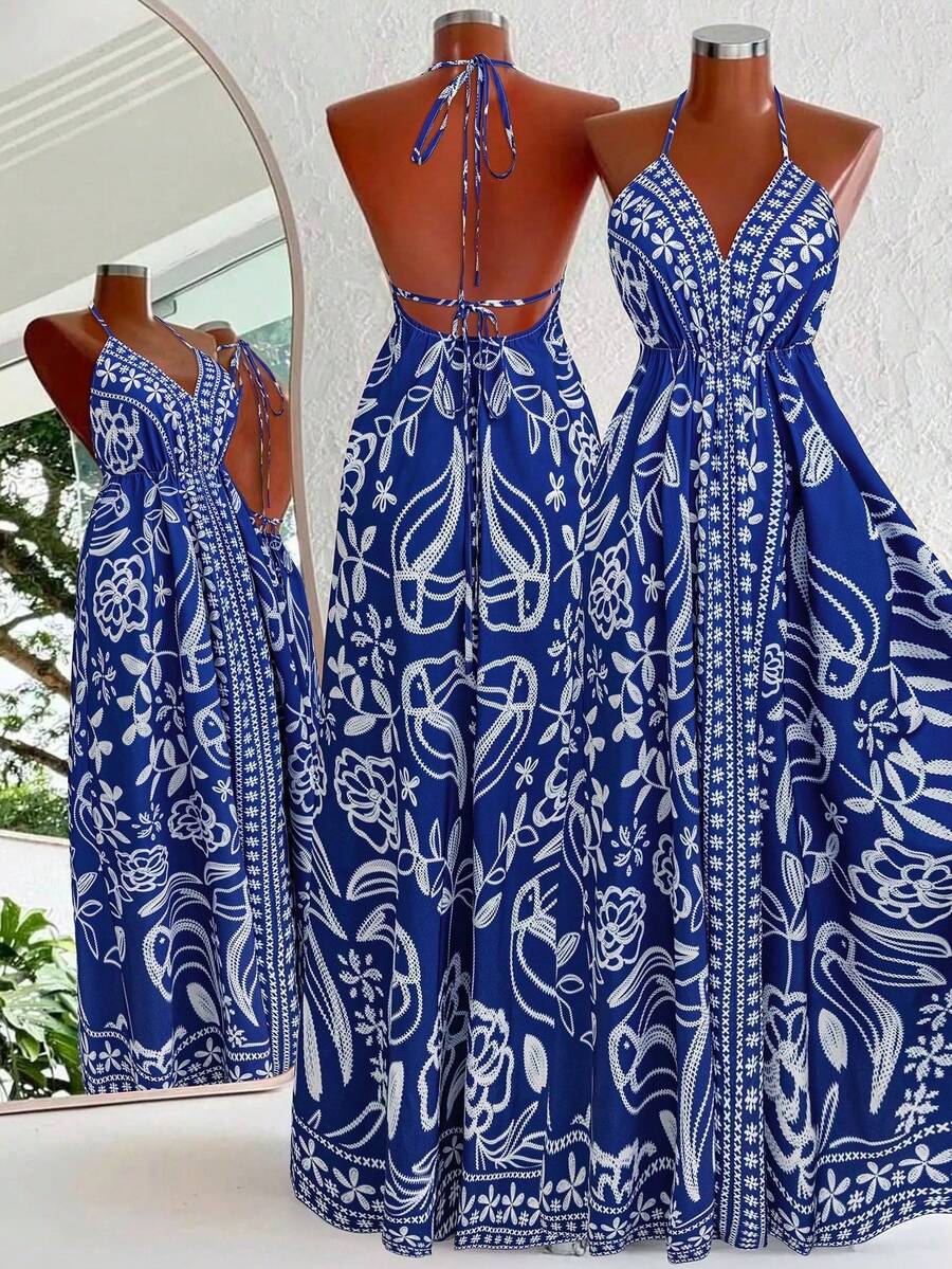 Women's Sleeveless Spaghetti Strap Maxi Dress, Backless Knotted Floral Design, Flowing A-Line Silhouette Party Elegant Summer - Multicolor - View 1