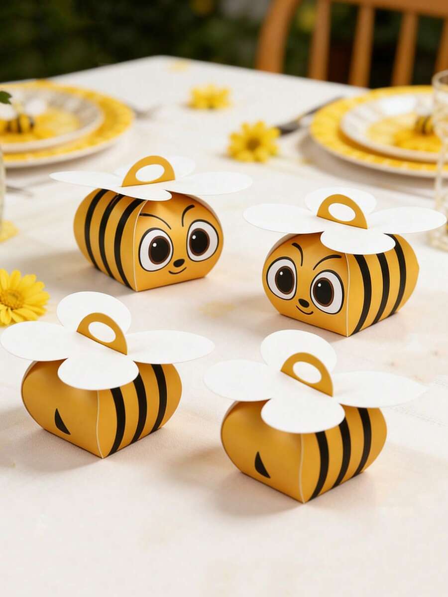 5/10/20pcs Cute Cartoon Bee Shape Gift Boxes With Ribbon - Yellow & Black, Playful Bee Designs, Small Paper Packaging Boxes For BabyShowers, Birthdays, Weddings & Holiday Parties - View 1
