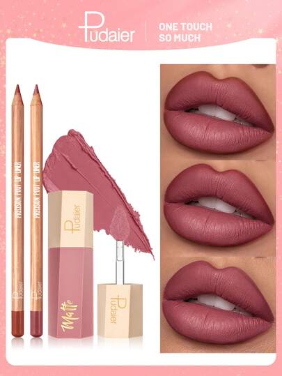 Pudaier 3 件套哑光唇线笔和唇彩组合 - 唇线笔和唇釉套装，持久防水，丝绒质地，裸色和梅子色系，打造日常和节日妆容 | 完美搭配，打造无瑕唇妆，不沾杯配方