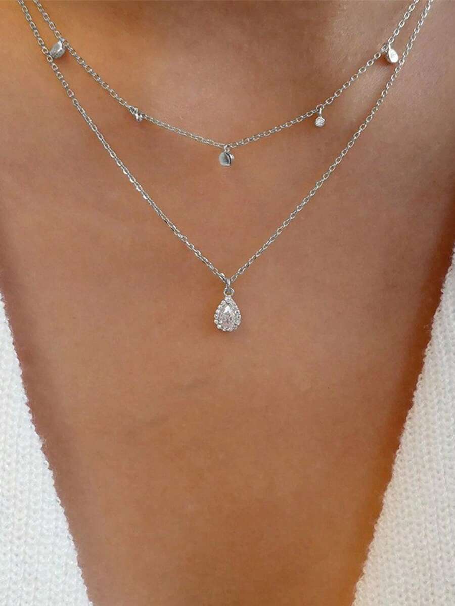 1pc Crystal Inlaid Double-Layer Water Drop Necklace - Silver - View 1