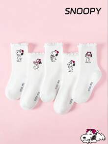 5 Pairs Authentic SNOOPY Socks With Embroidered Floral Lace Design, Cute Overall Style Suitable For Sweet Fashion, Adorable Cartoon SNOOPY Pattern, Fashionable Casual Breathable Student Socks For Daily Wear, Back To School, Holiday Gifts - White - View 2