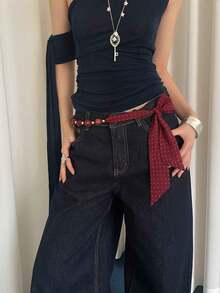 1pc Women's Red Polyester Simple Drawstring Beaded Design Fashion Cinched Waist Belt - Red - View 3