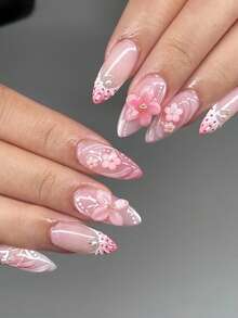 24pcs Box Set Cute Ins Style Pink 3D Butterfly & Gradient Flower Nail Stickers, Suitable For Dates, Parties, Gatherings, Outings And Various Occasions. The Set Includes 1 Piece Of Gel Polish And 1 Nail File. - Multicolor - View 8