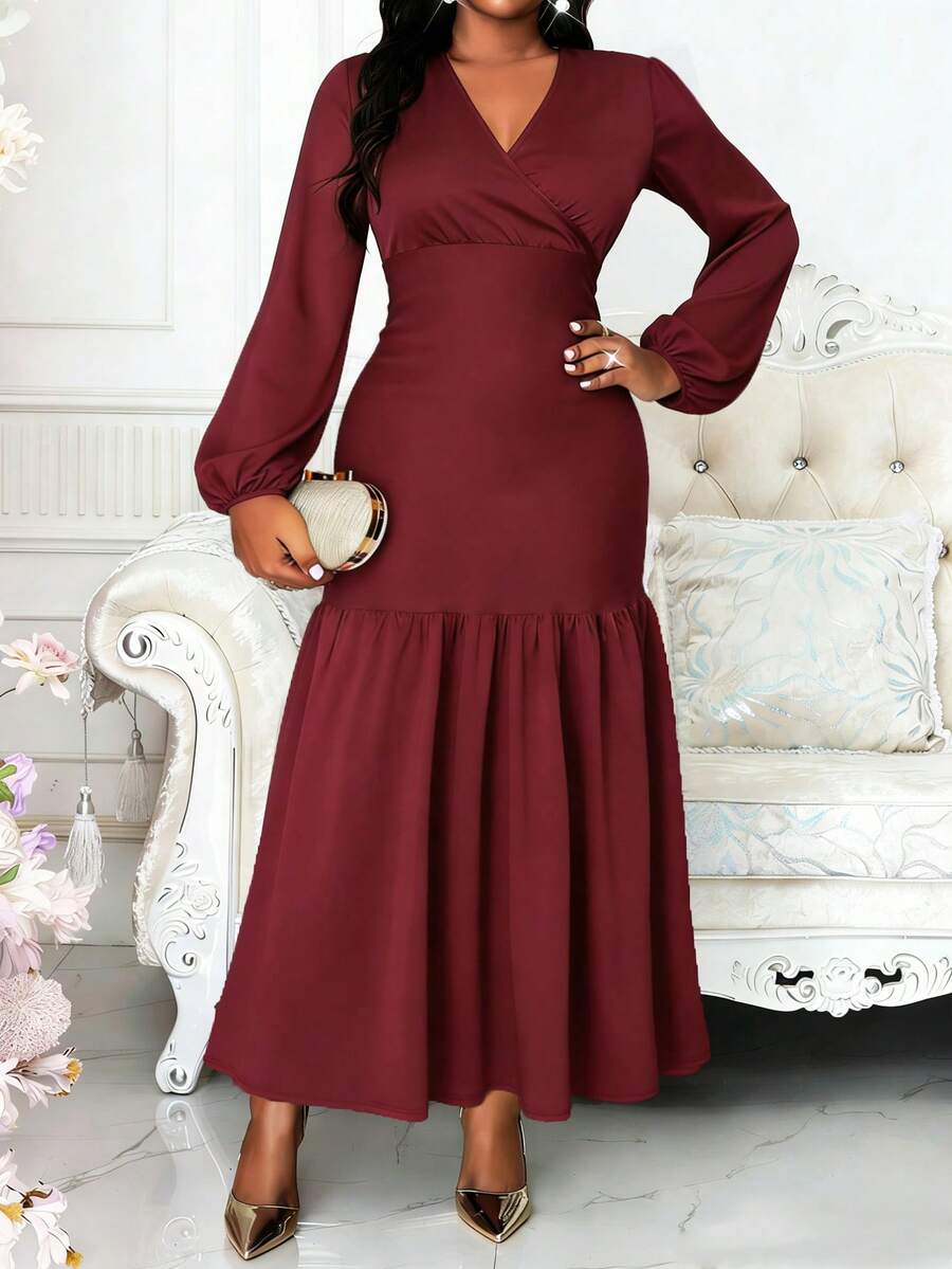 Womens Elegant V Neck Long Sleeve A Line Dress With Ruffle Hem And Wrap Knitted Fabric Bishop Sleeve Style - 酒紅色 - 查看 1