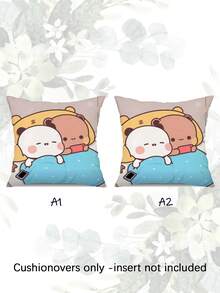2pcs Cute Bubu & Dudu Panda Velvet Cushion Cover - Adorable Cartoon Couple Design, Text, Multiple Sizes, Valentine's Day Gift, Comfortable Square Pillow Case, Suitable For Home Decor, Machine Washable, Zipper Closure - Multicolor - View 6