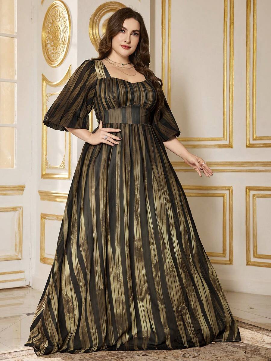 SUPGIR 【随机裁剪】方领灯笼袖褶皱胸部雪纺腰部喇叭下摆优雅晚礼服 - 棕色 - 查看 1