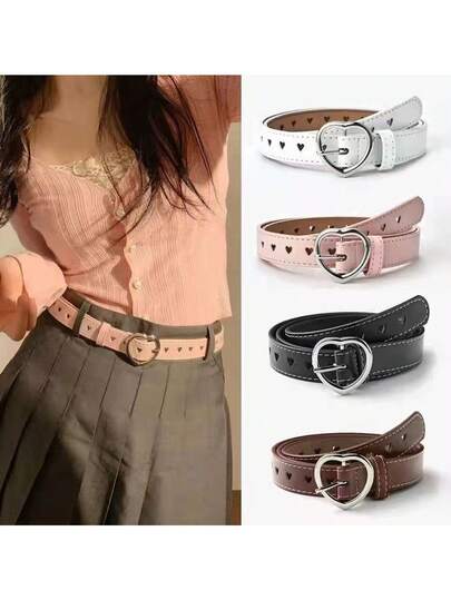 甜心扣PU皮腰带 | 镂空心形孔眼设计，3种颜色可选，Y2K前卫可爱风，搭配牛仔裤和百褶裙，是可爱风和学院风穿搭的理想配饰，送给她的完美礼物