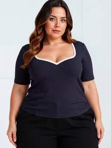 Women's Plus Size Blouse, Sweetheart Neck, 3/4 Sleeve, Irregular Fabric, Everyday Summer - Navy Blue - View 5